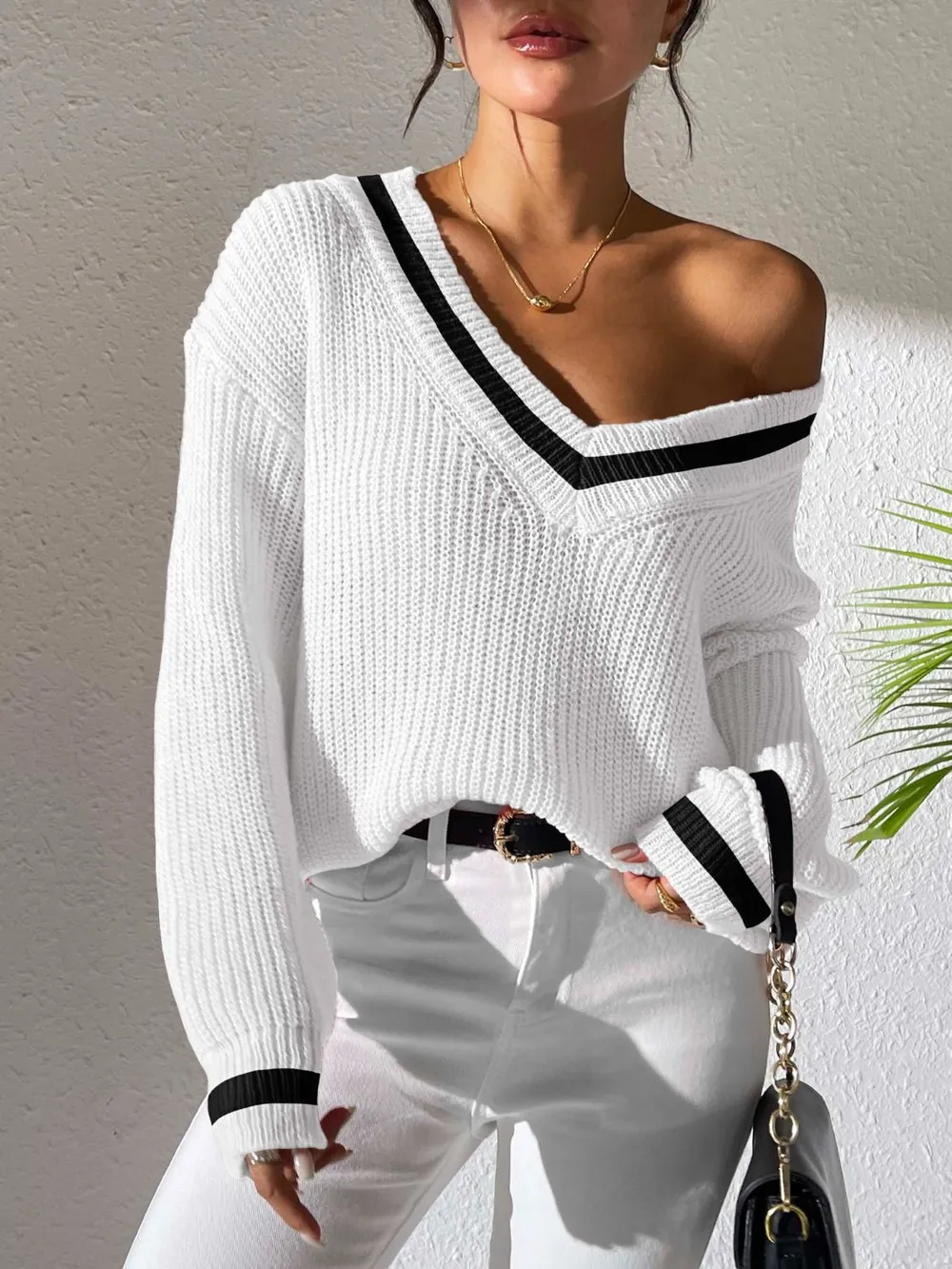 Contrast Trim V-Neck Long Sleeve Sweater, image 5