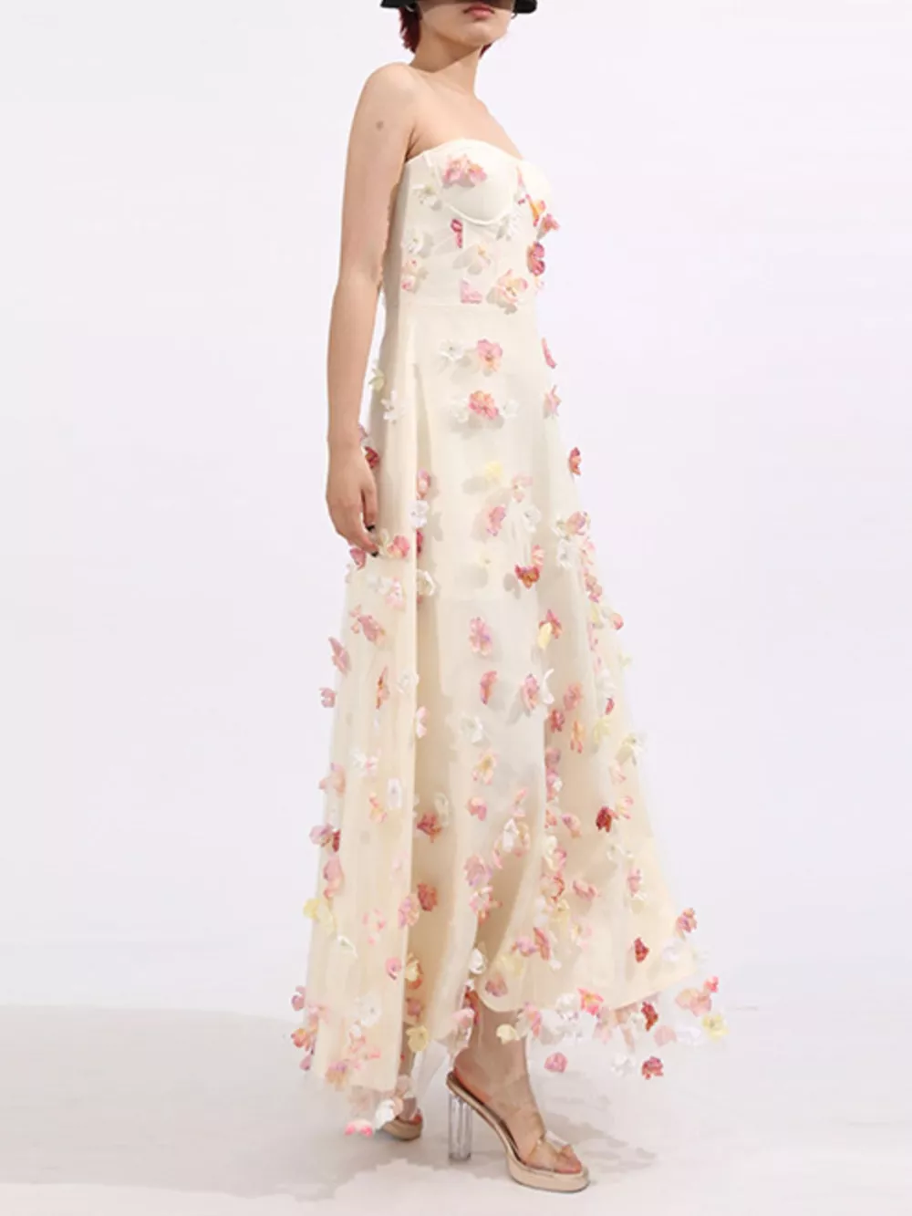 Floral Applique Strapless Tulle Maxi Dress, image 11