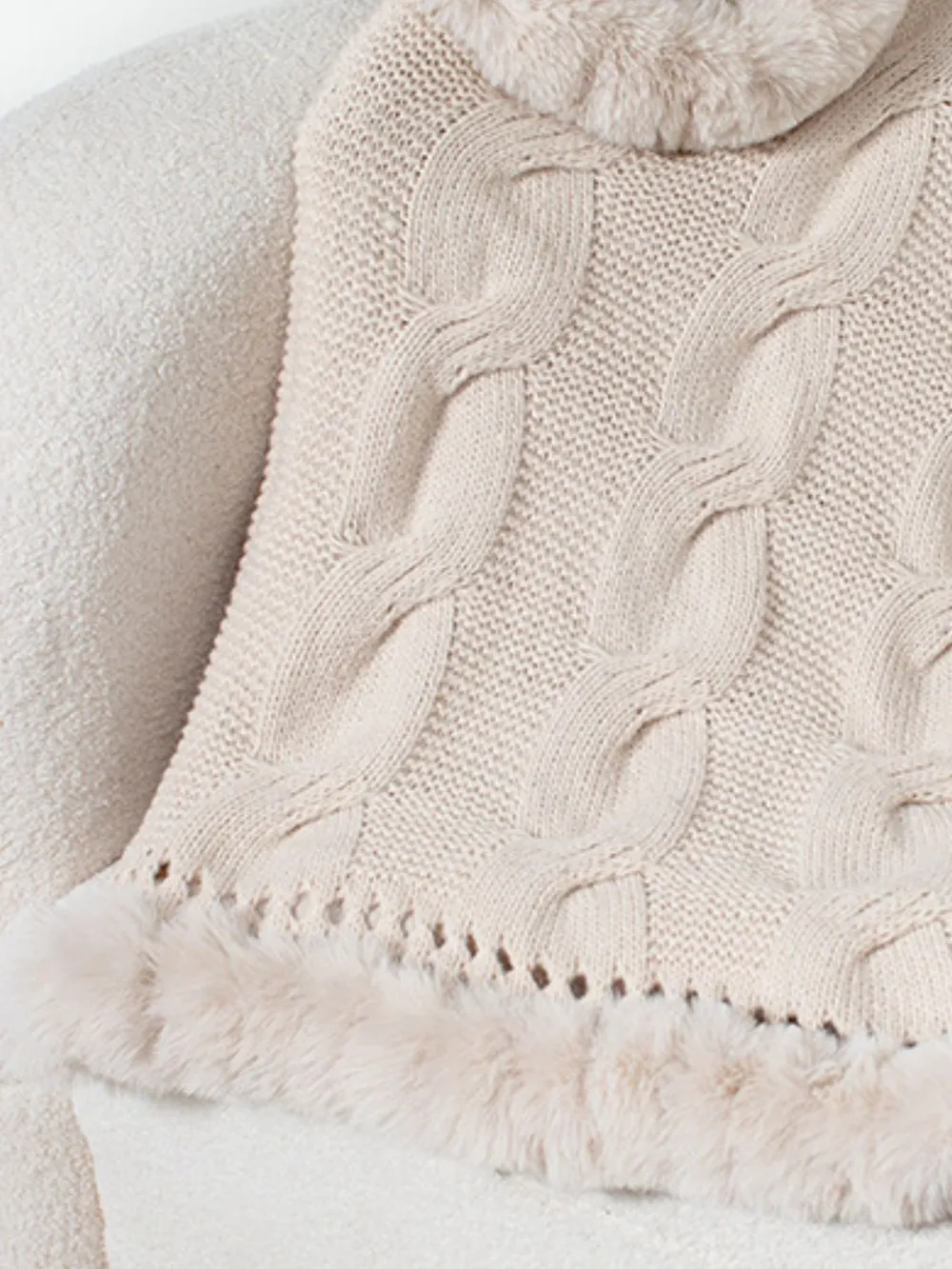 Fuzzy Hem Cable-Knit Poncho, image 15