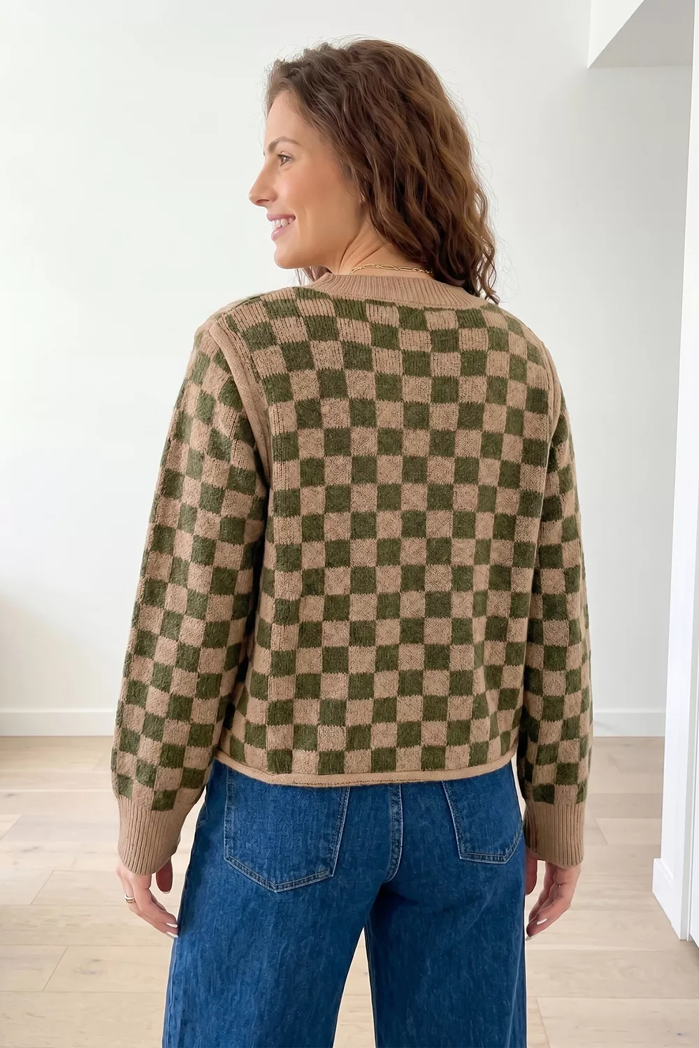 Multicolour Drop Shoulder Plaid Knit Long Sleeve Sweater, image 2
