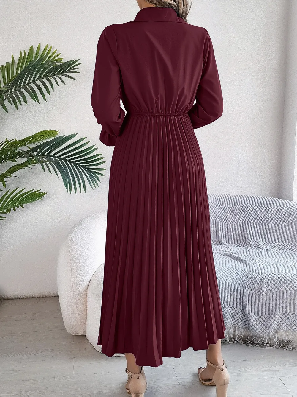 Pleated Half Button Long Sleeve Midi Dress, image 4