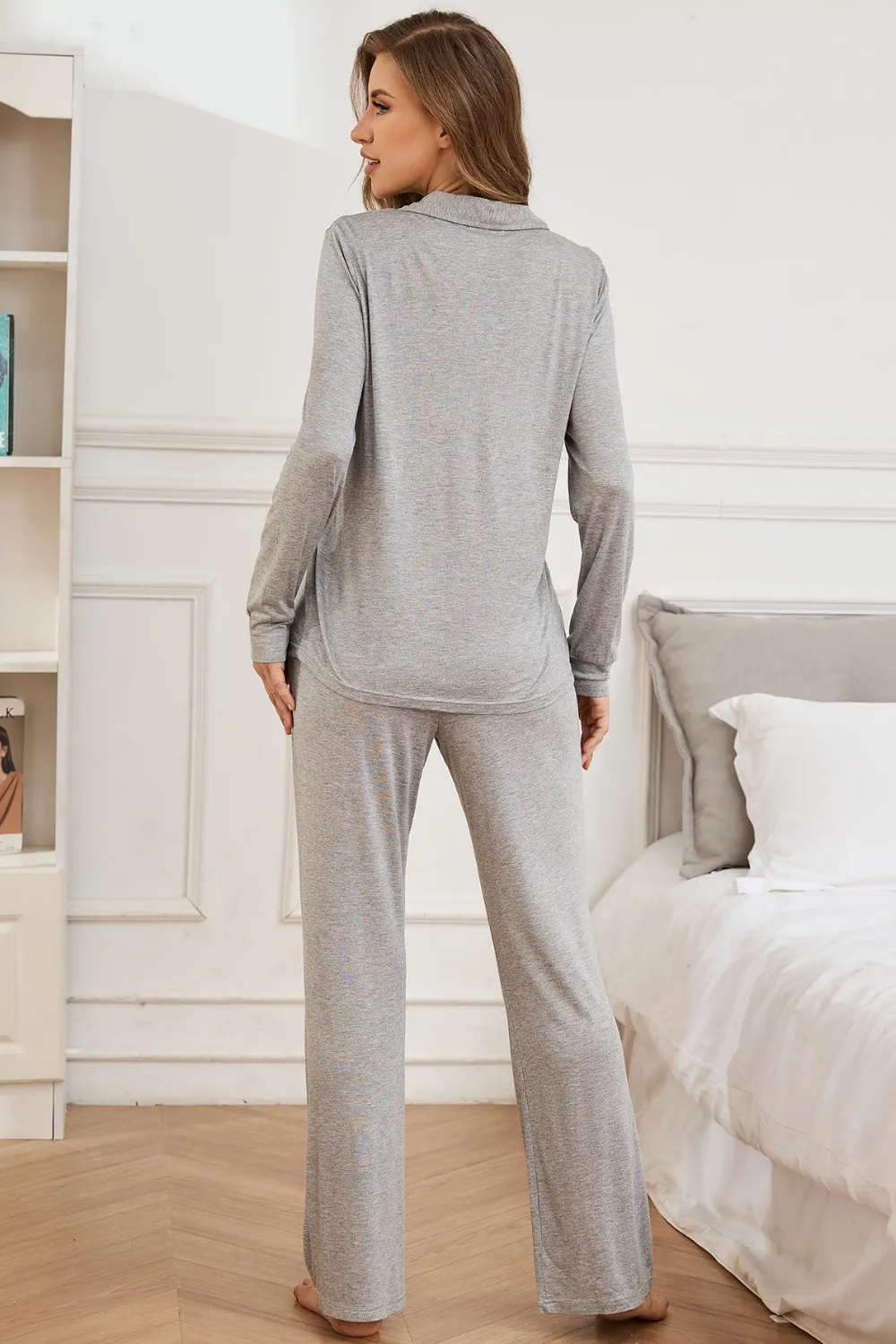 Button Up Long Sleeve Top and Pants Lounge Set, image 4