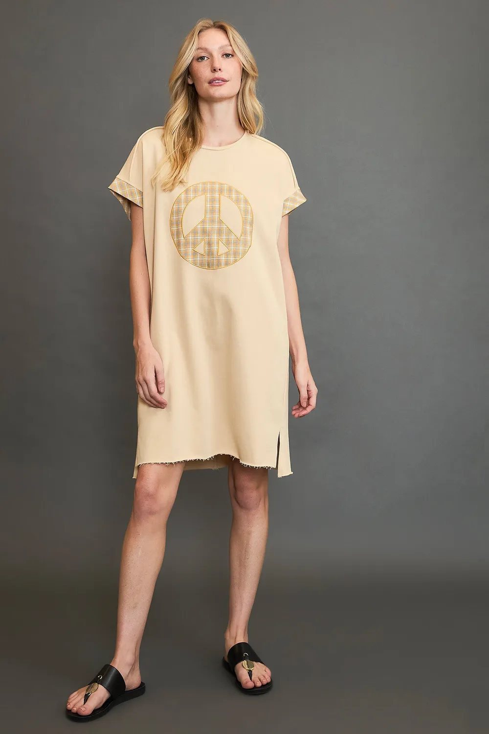 Peace Plaid Applique Short Sleeve Mini Dress, image 3