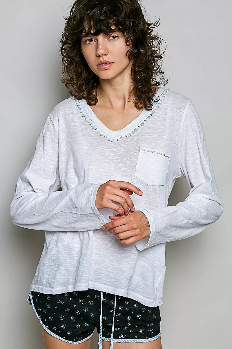 POL Contrast Hand-Stitch V-Neck Lightweight Knit Long Sleeve Top, image 4