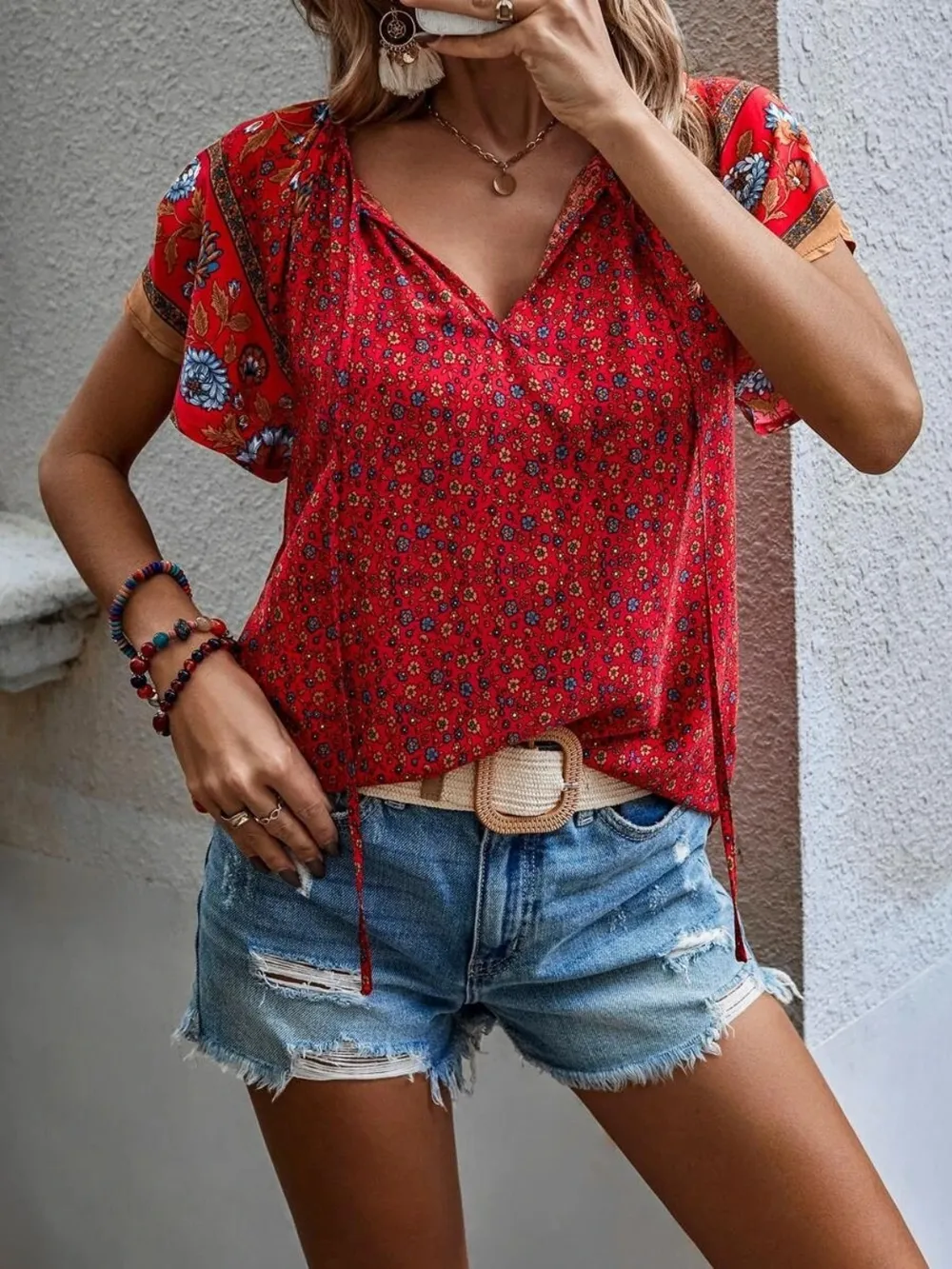 Printed Tie Neck Short Sleeve Blouse, image 2