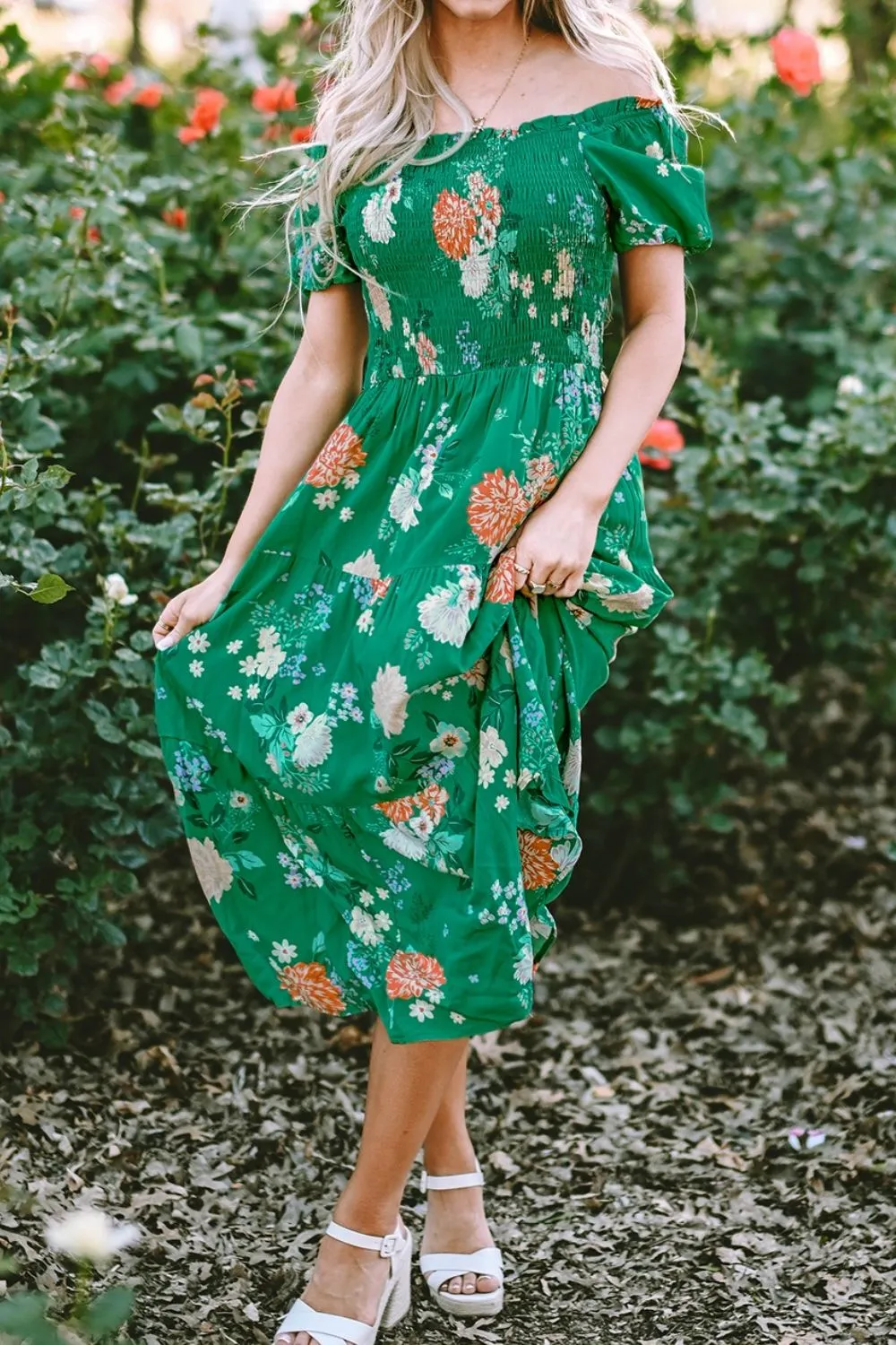 Floral Print Bubble Sleeve Smocked Tiered Midi Dress, image 4