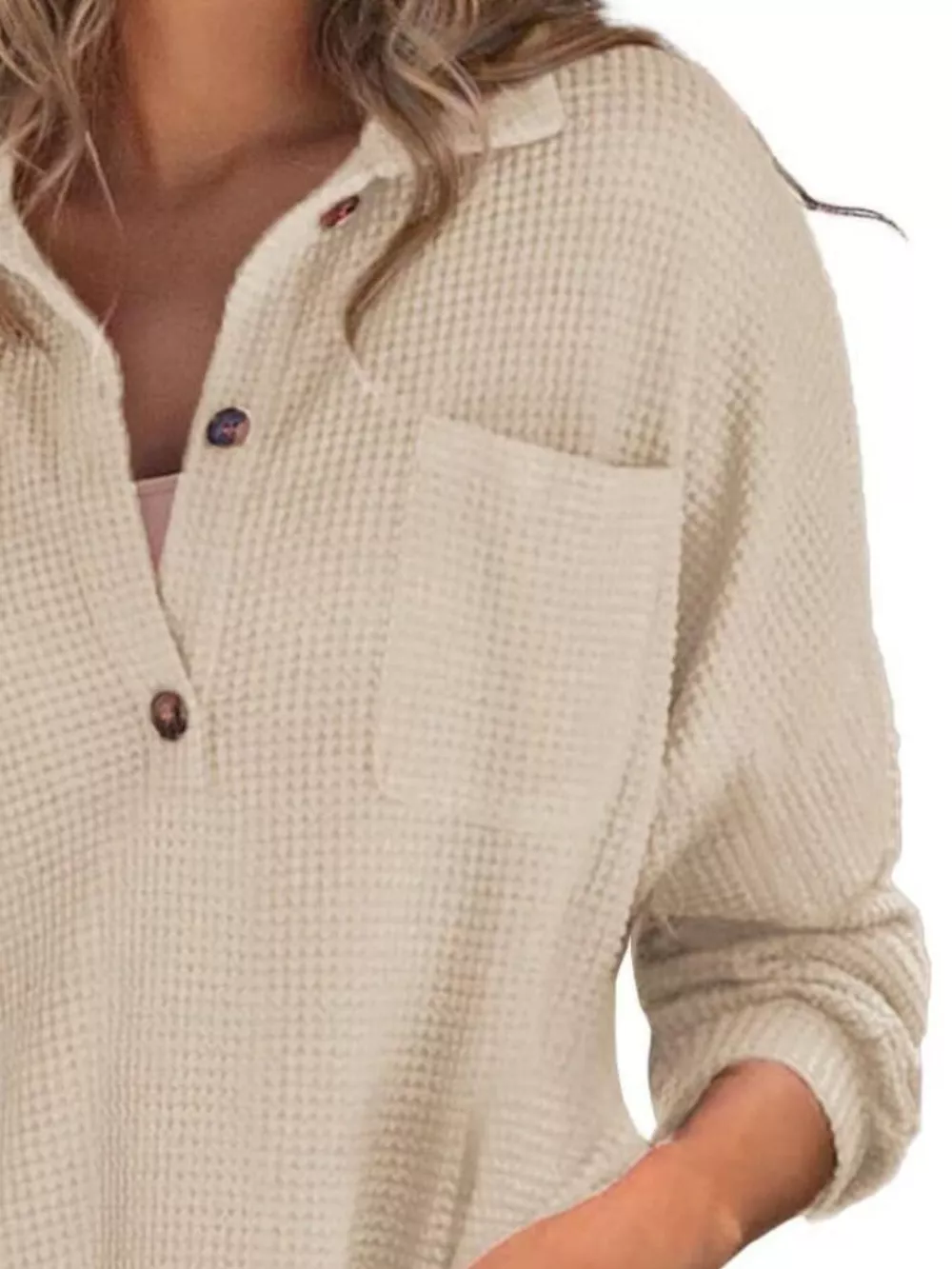 Casual Waffle Knit Button Detail Blouse, image 3