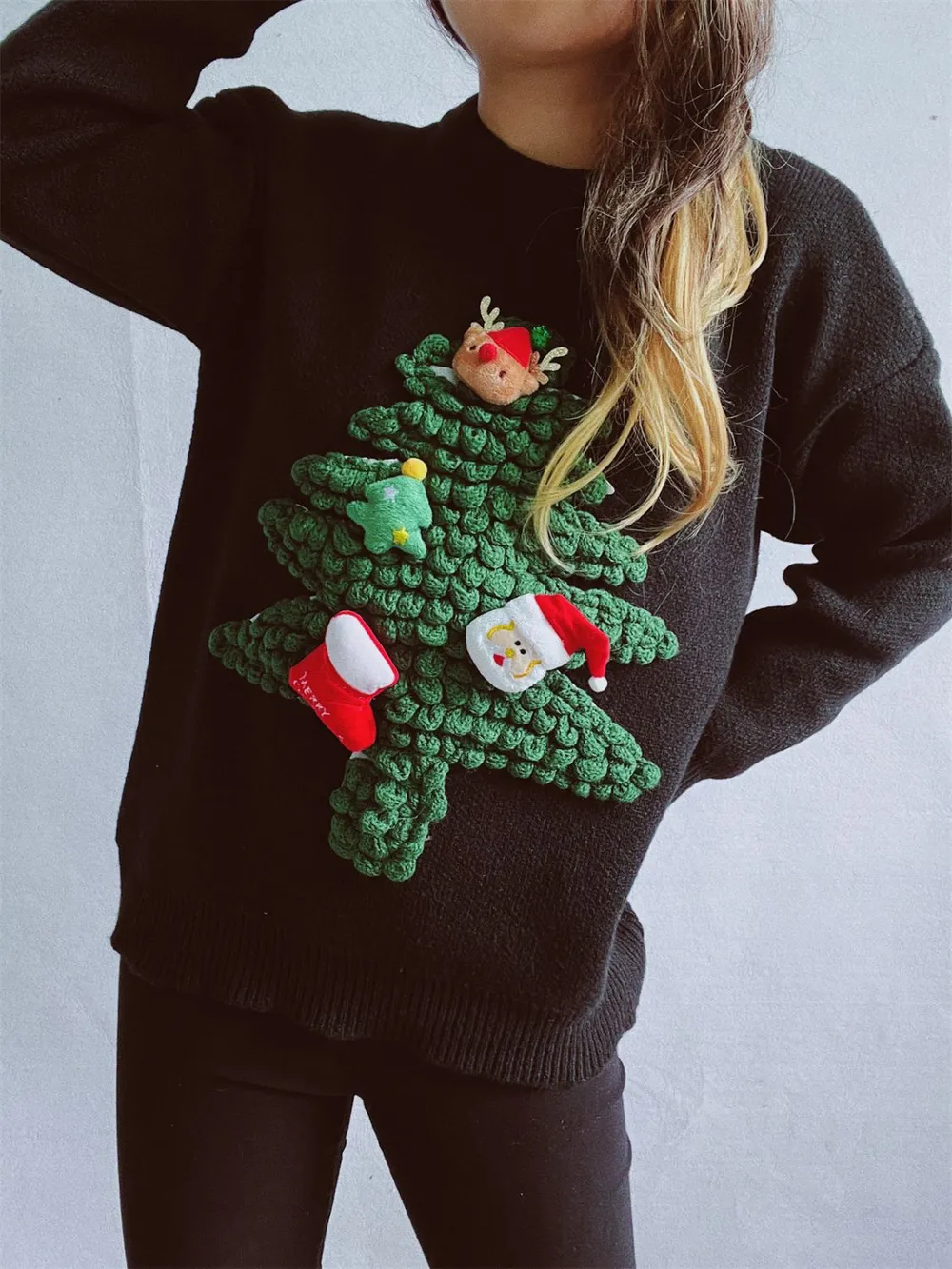 Christmas Tree Round Neck Long Sleeve Sweater, image 7