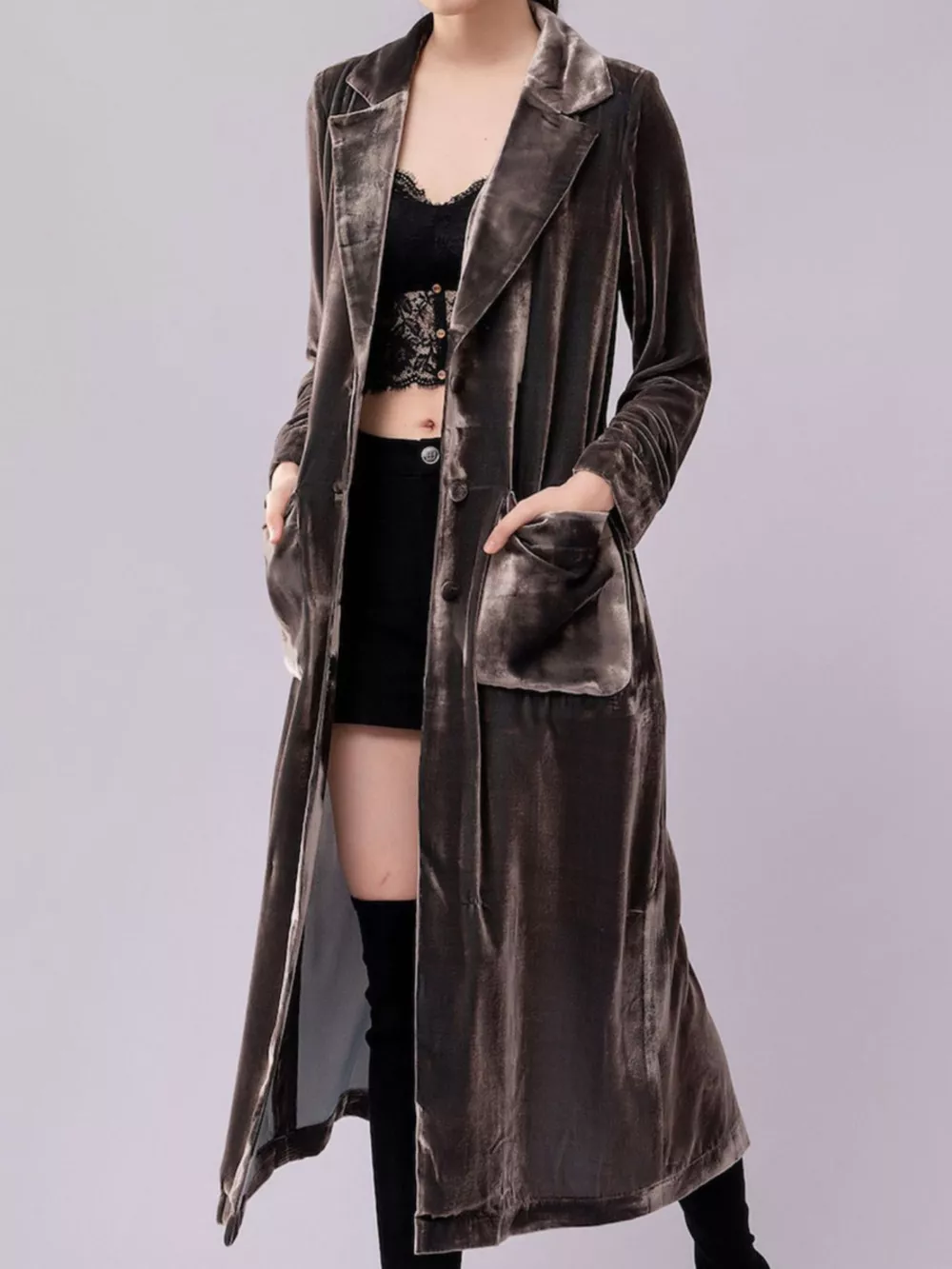 Velvet Lapel Collar Longline Coat, image 4