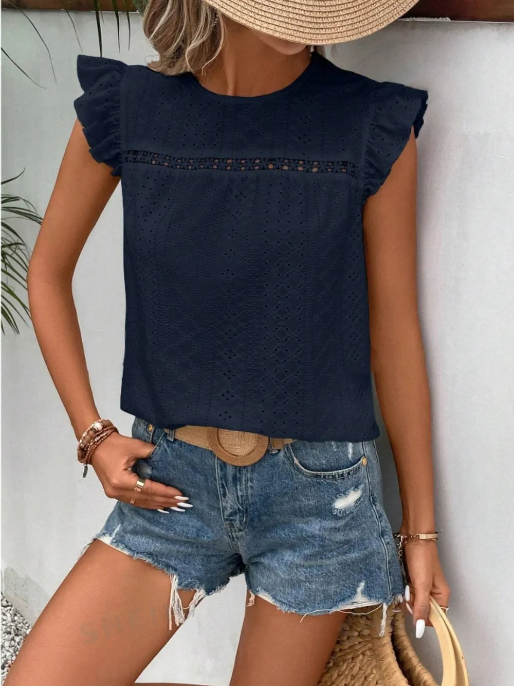 Eyelet Round Neck Cap Sleeve Top, image 6