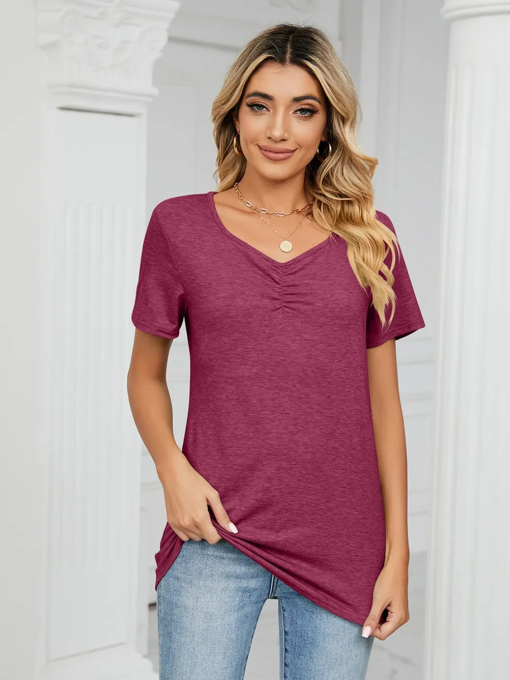 Ruched V-Neck Short Sleeve T-Shirt, image 4