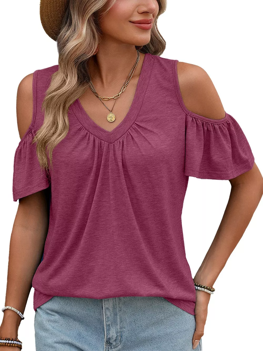 Cold Shoulder V-Neck T-Shirt, image 29