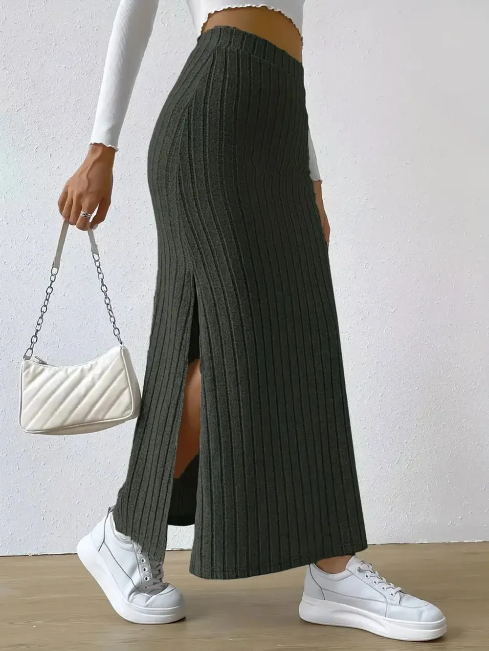 High Waist Ribbed Knit Maxi Skirt, image 2