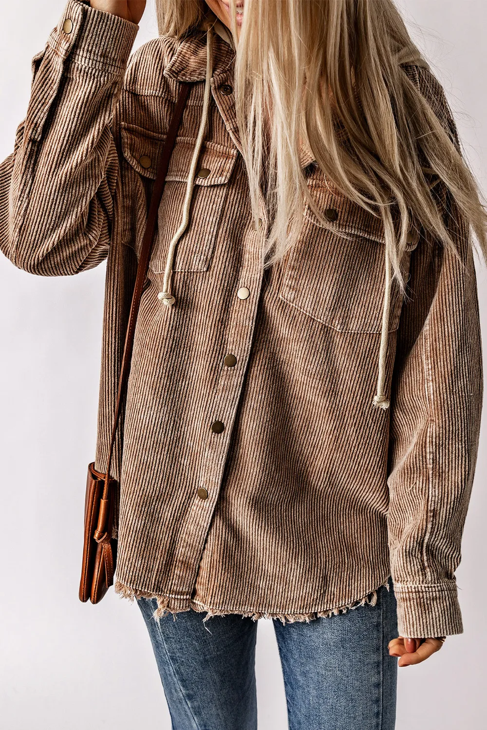Snap Front Hooded Corduroy Shacket, image 2