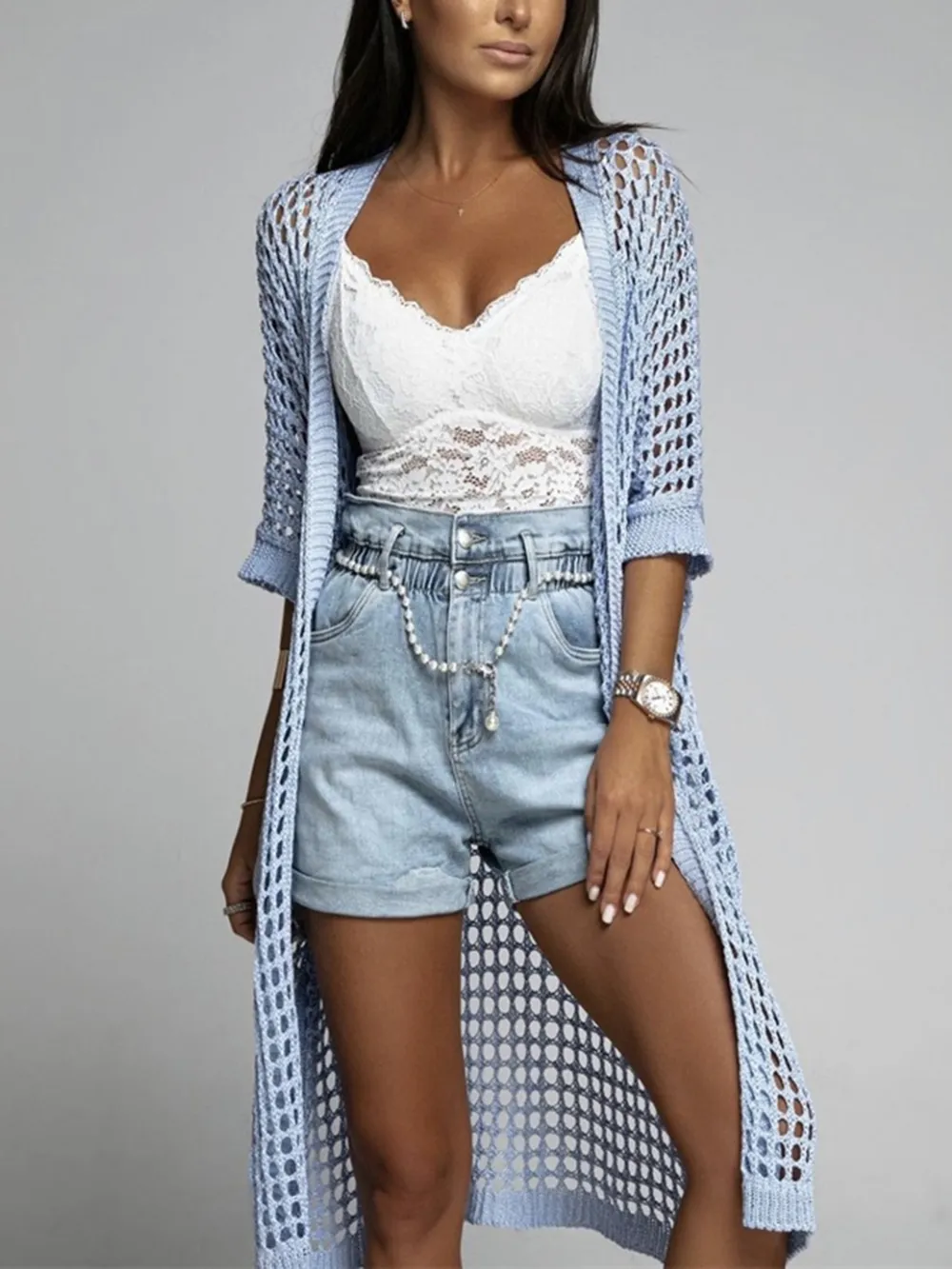Openwork Open Front Three-Quarter Sleeve Cover Up, image 4