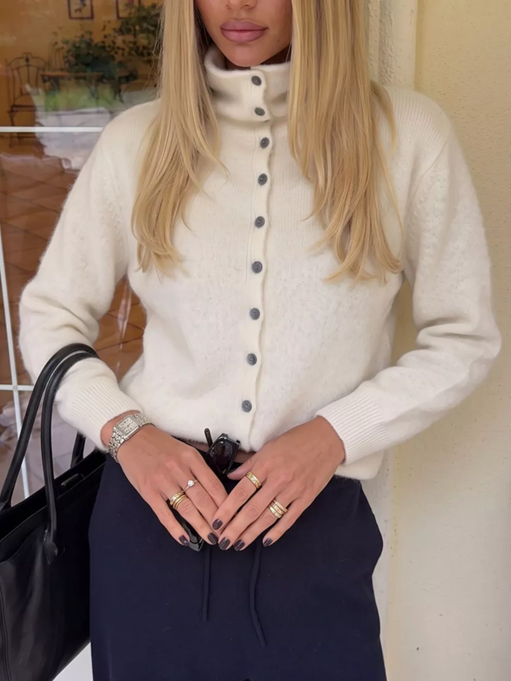 Mock Neck Button-Down Fuzzy Knit Cardigan, image 11