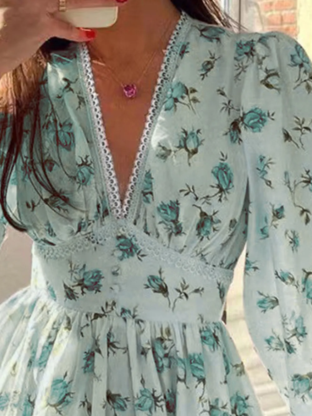 Lace Detail V-Neck Balloon Sleeve Dress, image 2