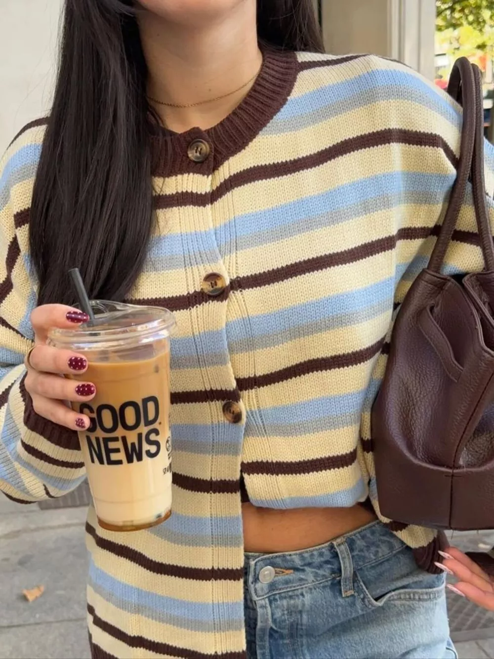 Striped Crew Neck Button-Down Cardigan, image 7
