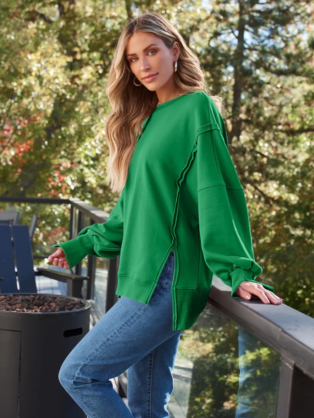 Slit Round Neck Long Sleeve Sweatshirt, image 3