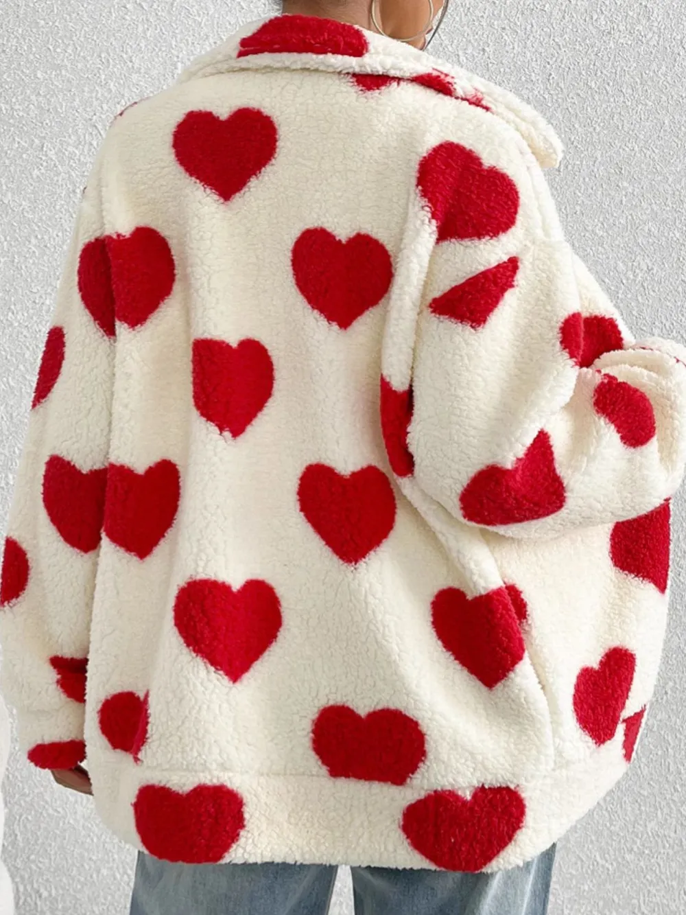 Heart Zip Up Drop Shoulder Furry Jacket, image 4