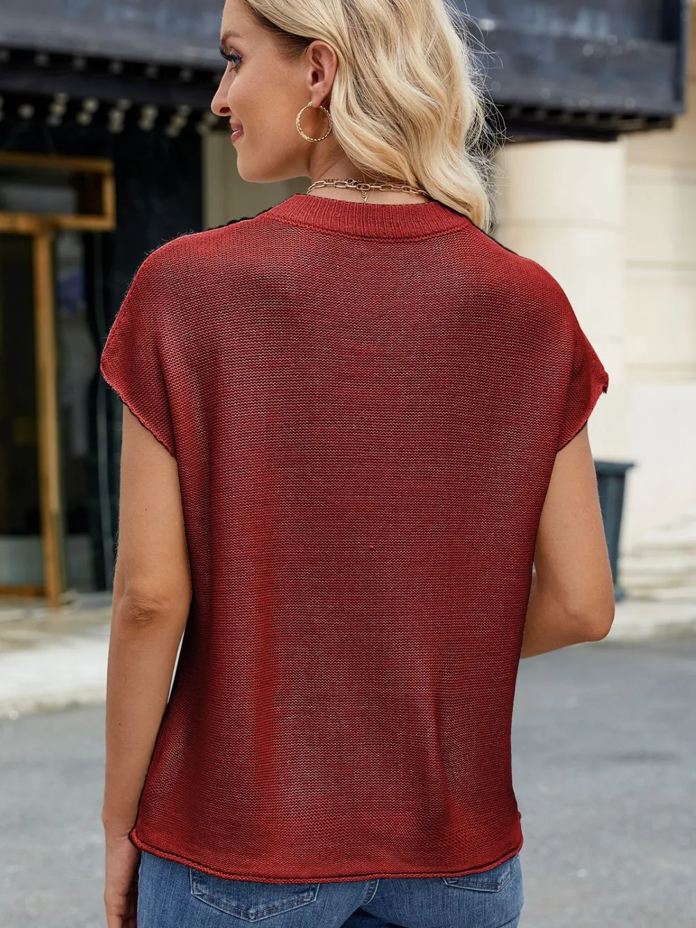 Exposed Seam Round Neck Short Sleeve Sweater, image 4