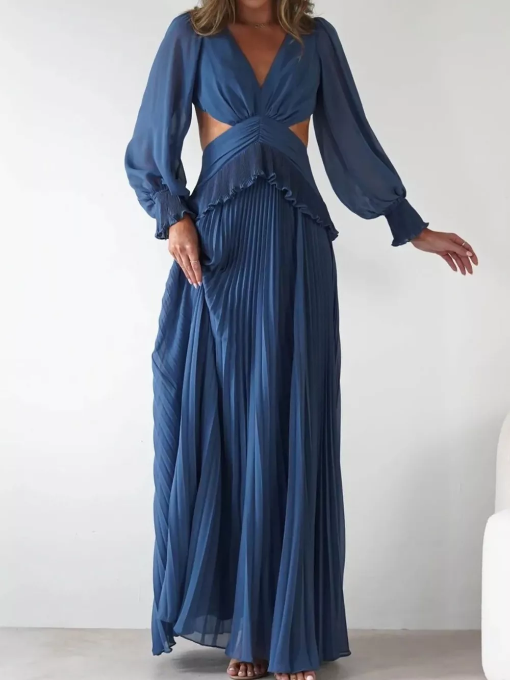 Backless Pleated Long Sleeve Maxi Dress, image 4