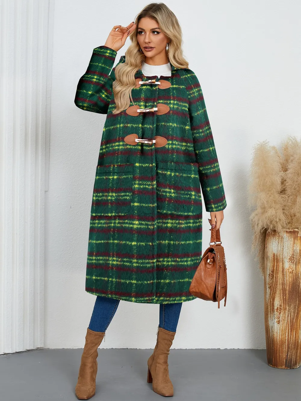 Plaid Long Sleeve Hooded Coat with Pockets, image 4