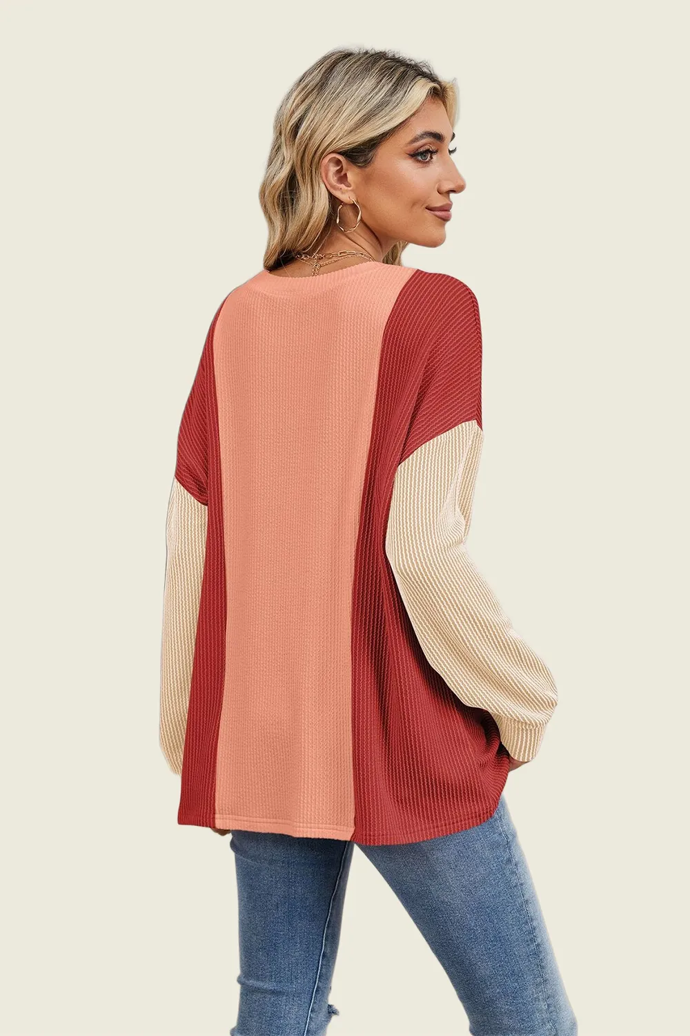 Texture Contrast Round Neck Long Sleeve T-Shirt, image 9