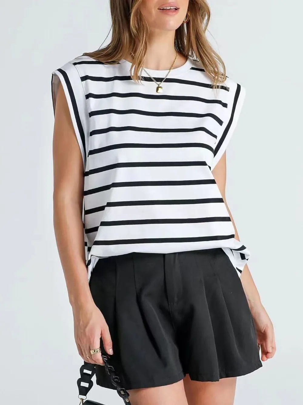 Striped Round Neck Cap Sleeve T-Shirt, image 3