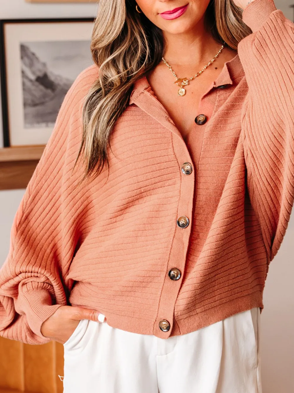 Rib Knit Button Front Dolman Sleeve Sweater Cardigan, image 2