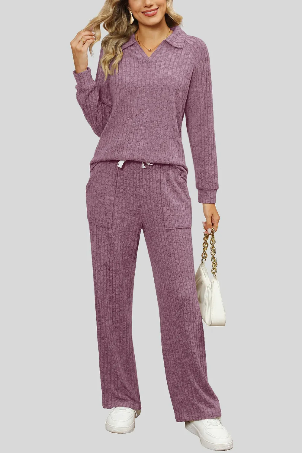 Ribbed Long Sleeve Top and Pocketed Pants Set, image 27