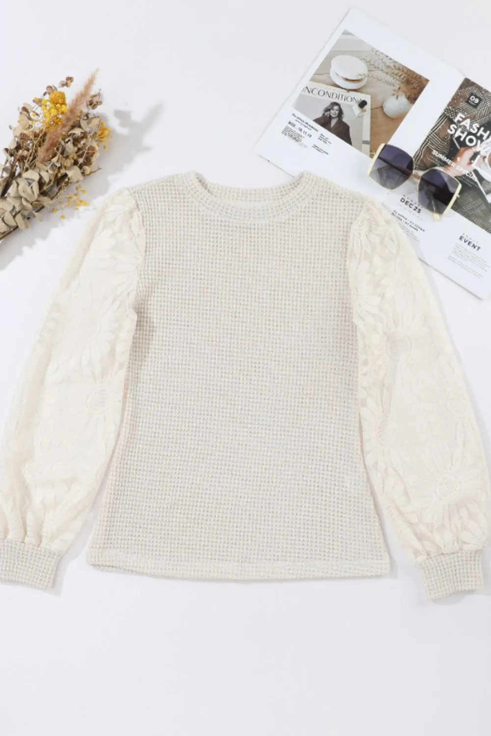 Mock Neck Lace Long Sleeve Top, image 3