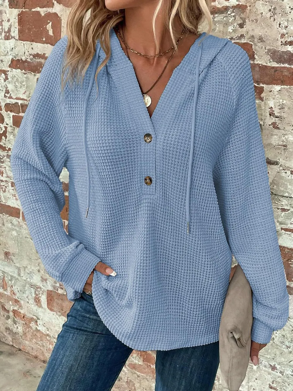 Waffle Knit Long Sleeve Drawstring Hooded Top, image 32