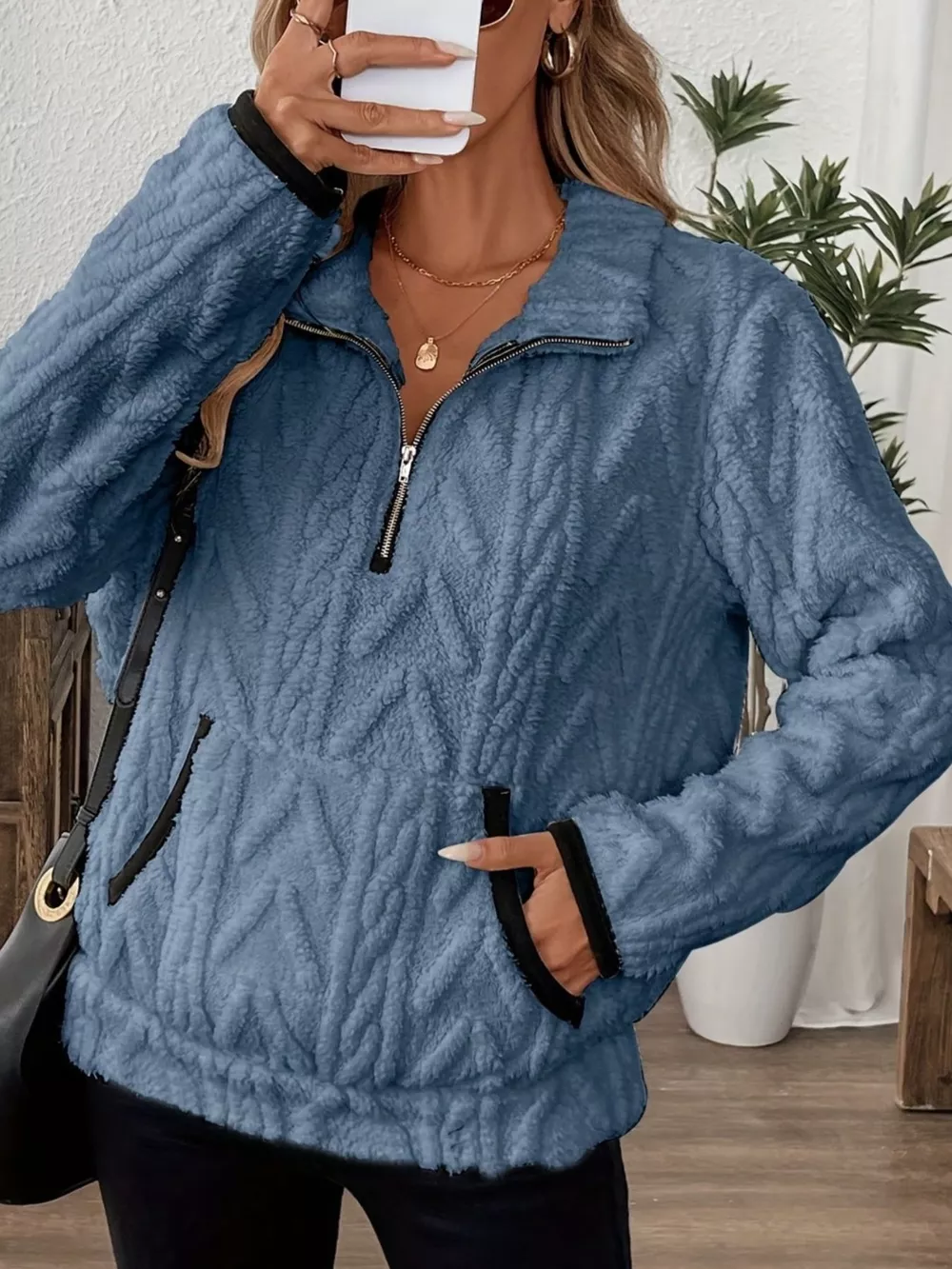 Full Size Half Zip Kangaroo Pocket Sweatshirt Plus Size, image 3