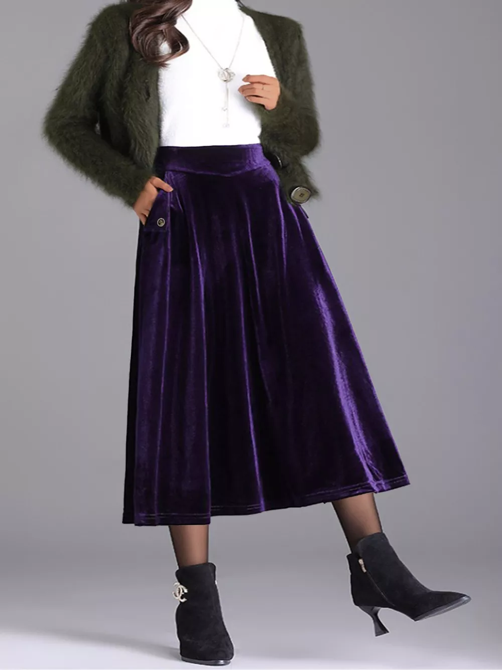 Plus Size Elegant Velvet A-Line Midi Skirt, image 14