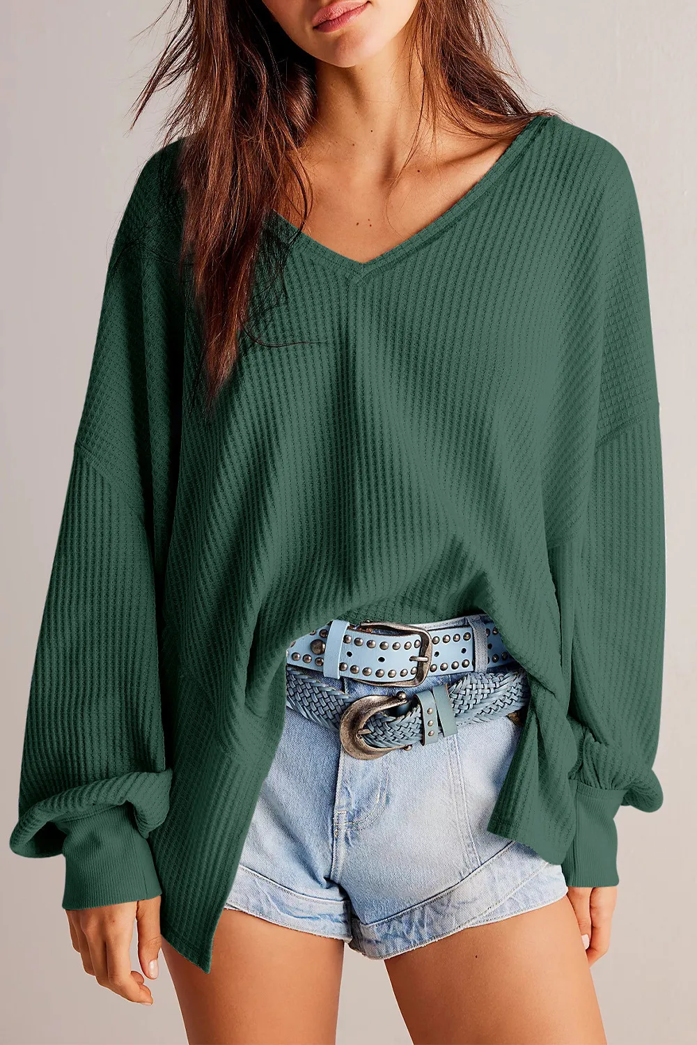 Waffle-Knit V-Neck Long Sleeve Top, image 2