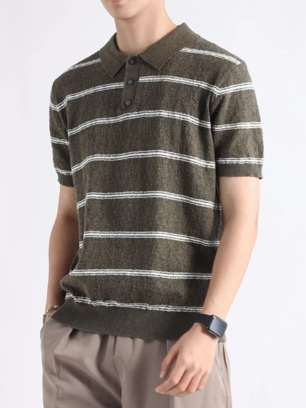 Men's Plus Size Striped Knit Button Detail Polo, image 8