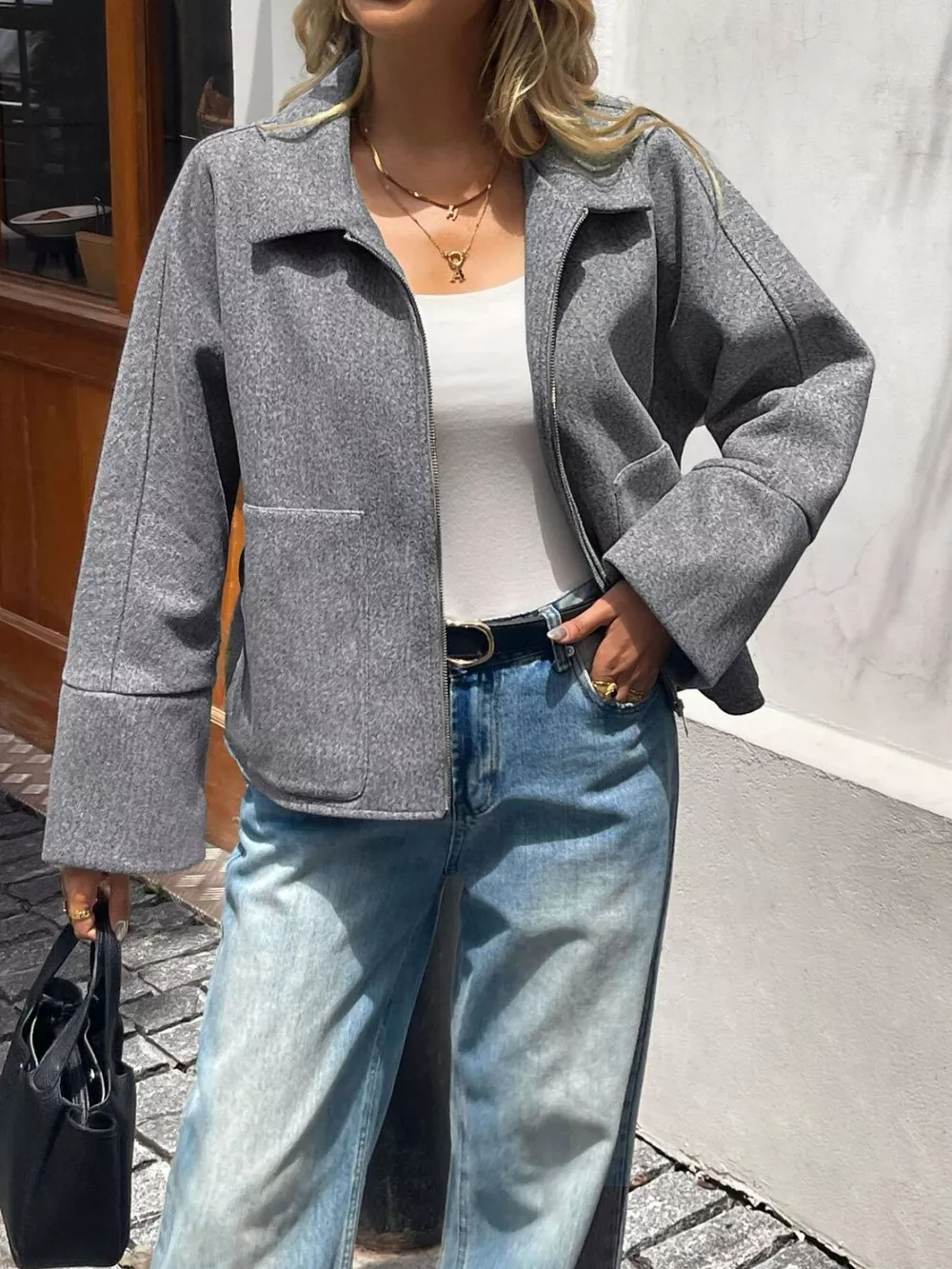 Oversized Collared Neck Zip-Up Jacket, image 2