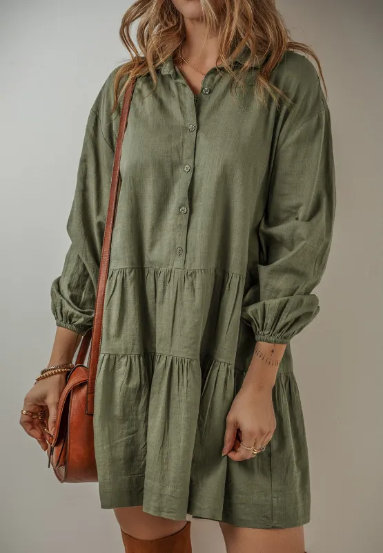 Tiered Collared Neck Balloon Sleeve Shirt Dress, image 15