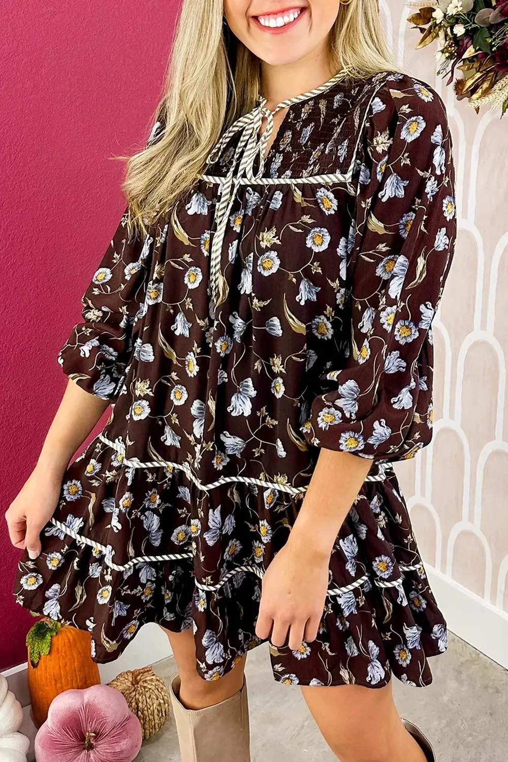 Floral Print Shirred V Neck Shift Dress, image 3