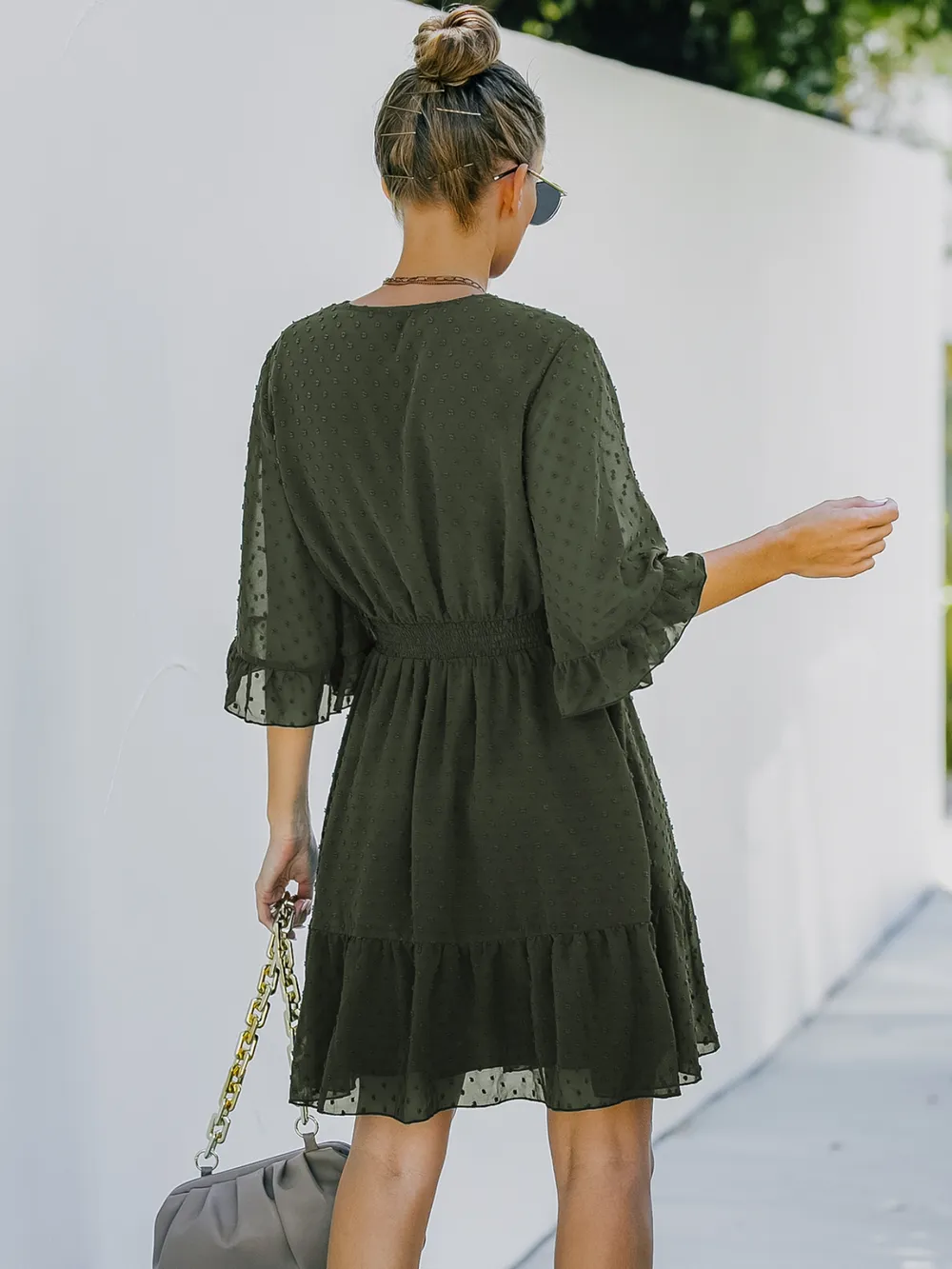 Swiss Dot Flare Sleeve Wrap Mini Dress, image 8