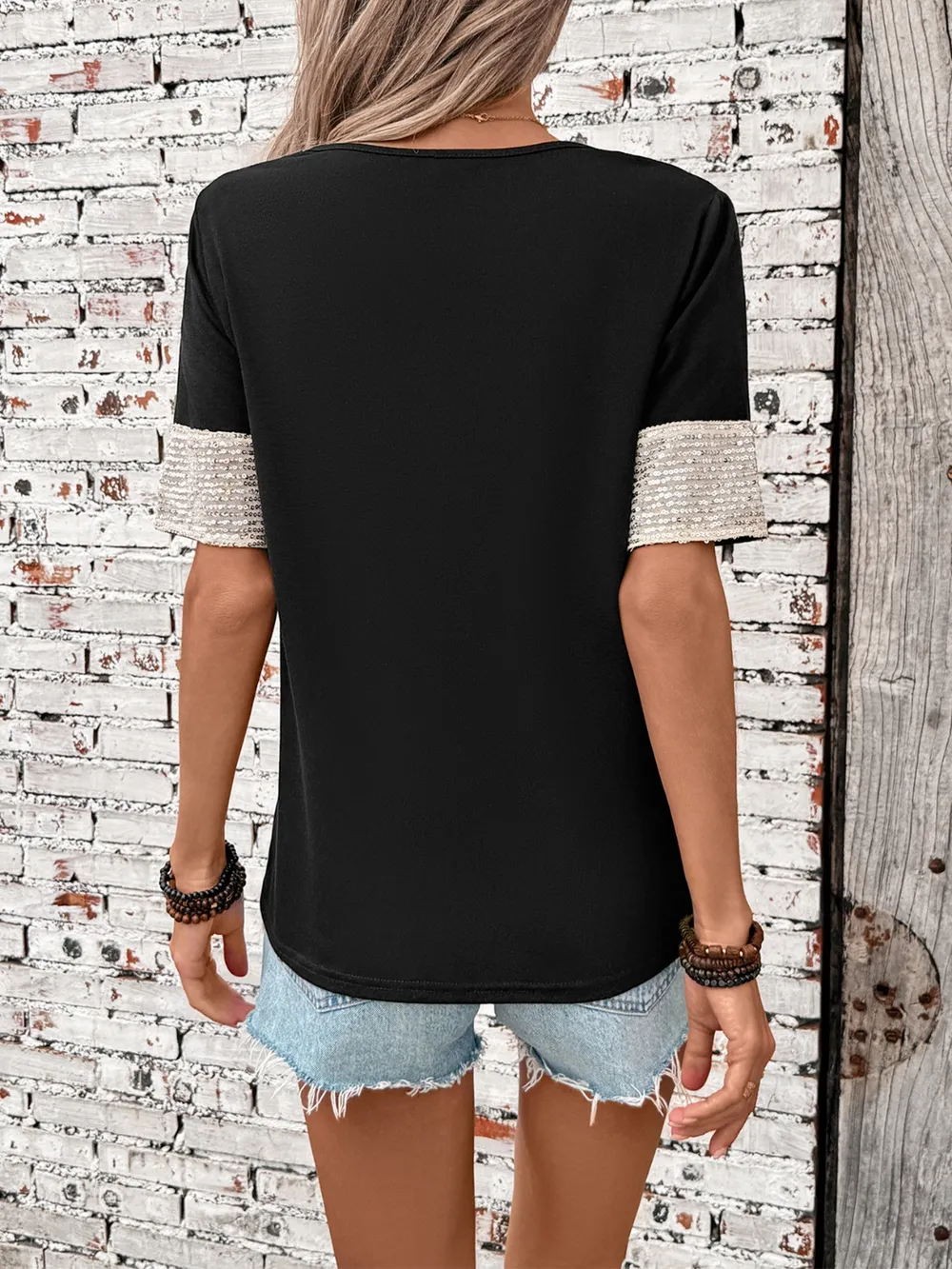 Sequin V-Neck Short Sleeve T-Shirt, image 2