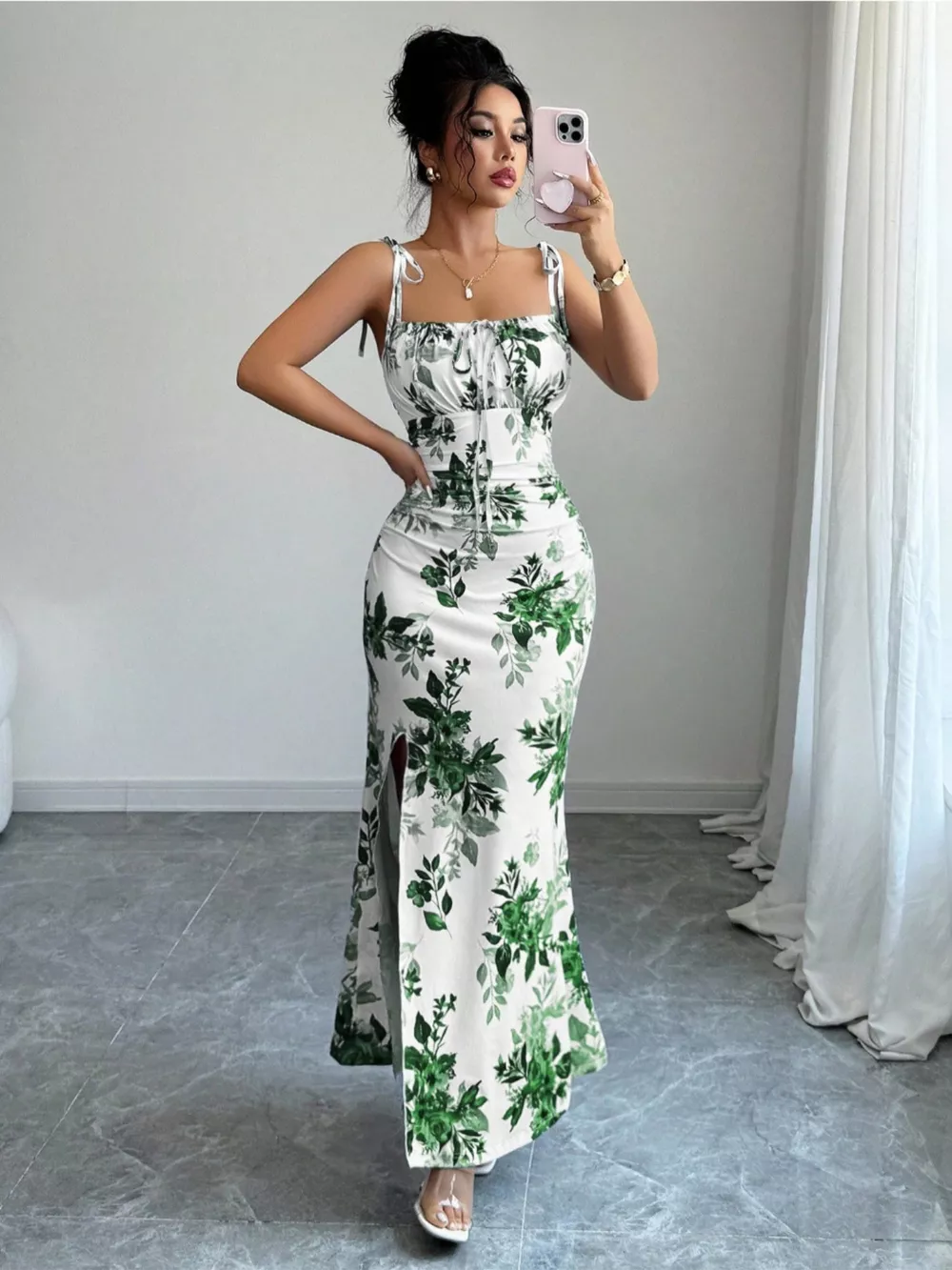 Printed Tie Strap Slit Maxi Dress, image 25