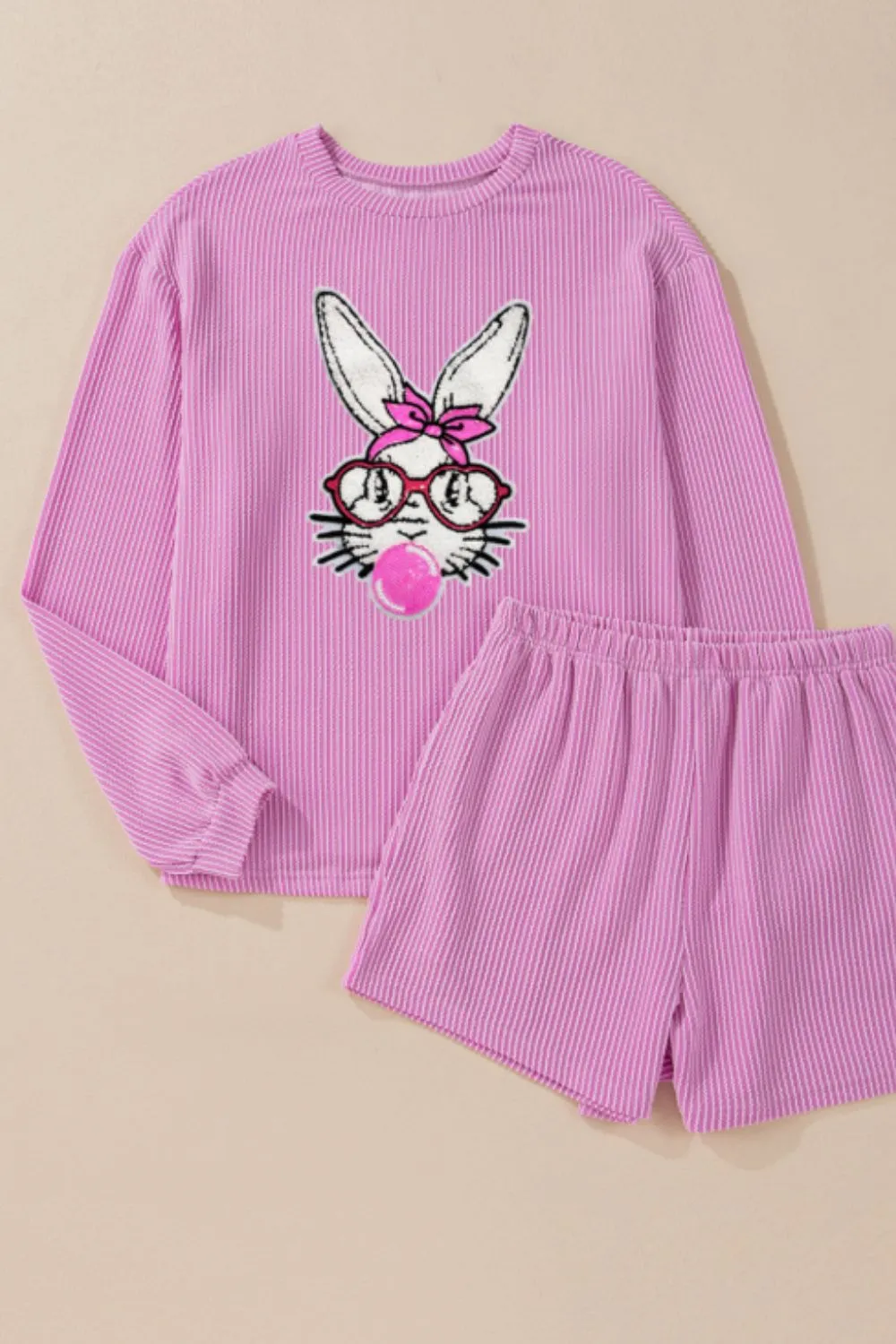Bubble Gum Rabbit Sequin Corded Rib Top and Shorts Set, image 2