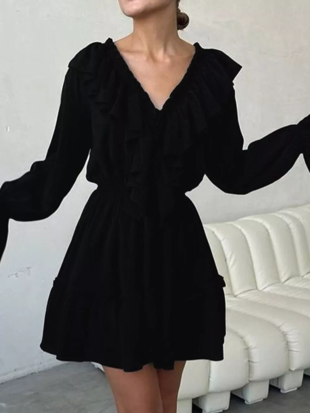Ruffled V-Neck Long Sleeve Mini Dress, image 6