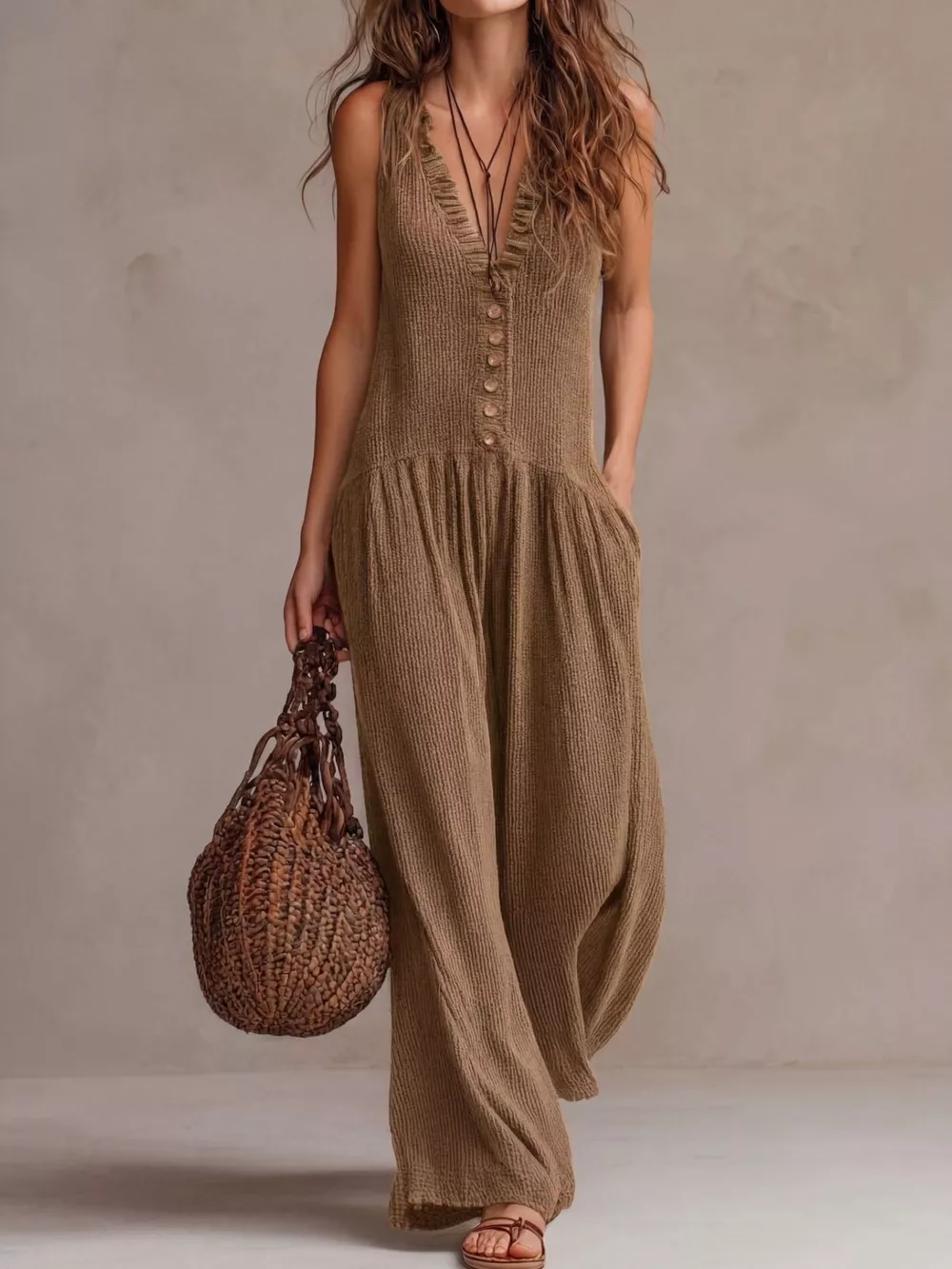 V-Neck Sleeveless Wide Leg Jumpsuit