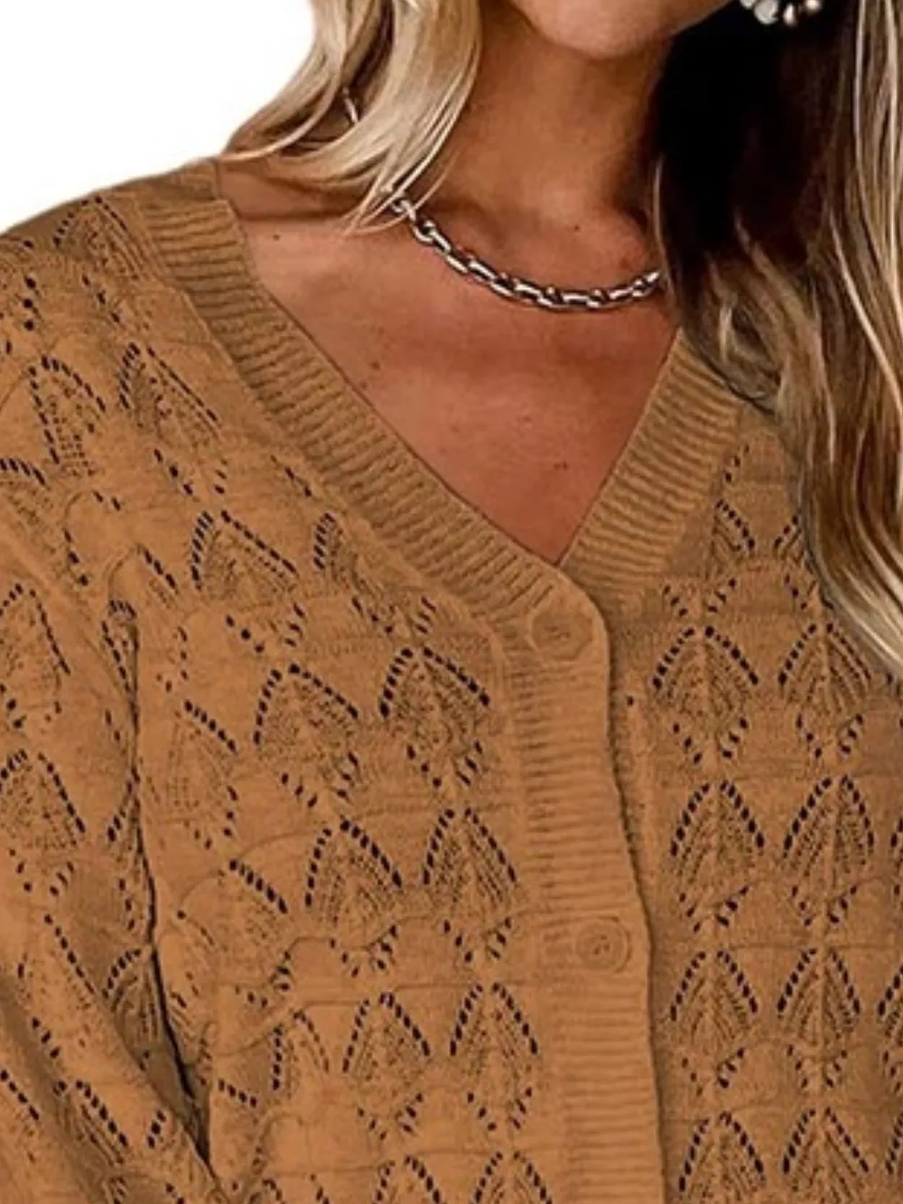 Chic V-Neck Openwork Button-Down Knit Cardigan, image 5