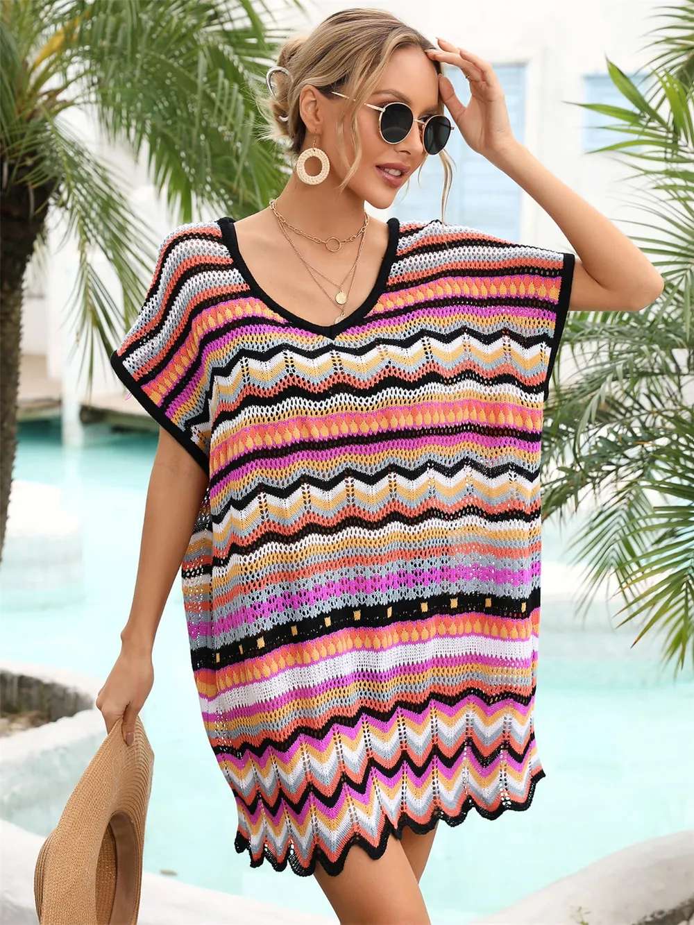 Rainbow Stripe Scalloped V-Neck Cover-Up Dress, image 7