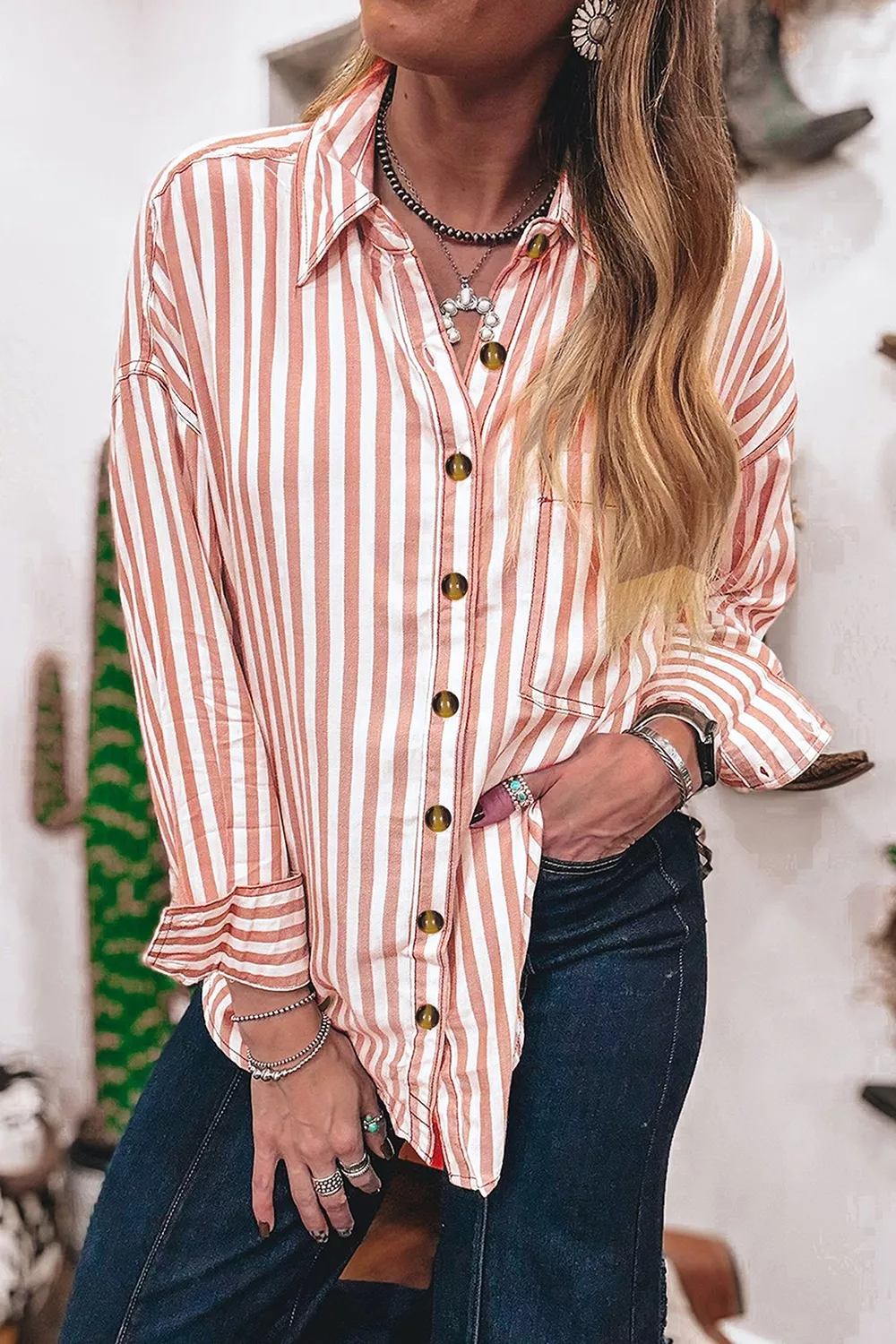 Stripe Western Button Down Long Sleeve Casual Shirt, image 3