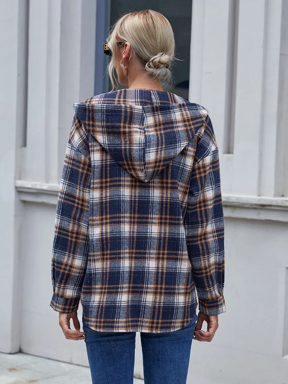 Plaid Button Up Long Sleeve Hooded Jacket, image 3